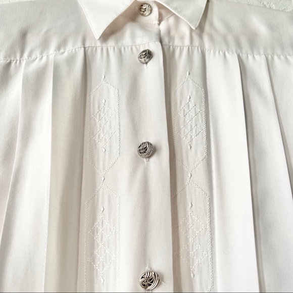 Vintage white button up embroidered long sleeve blouse shoulder pads S - Picture 8 of 16